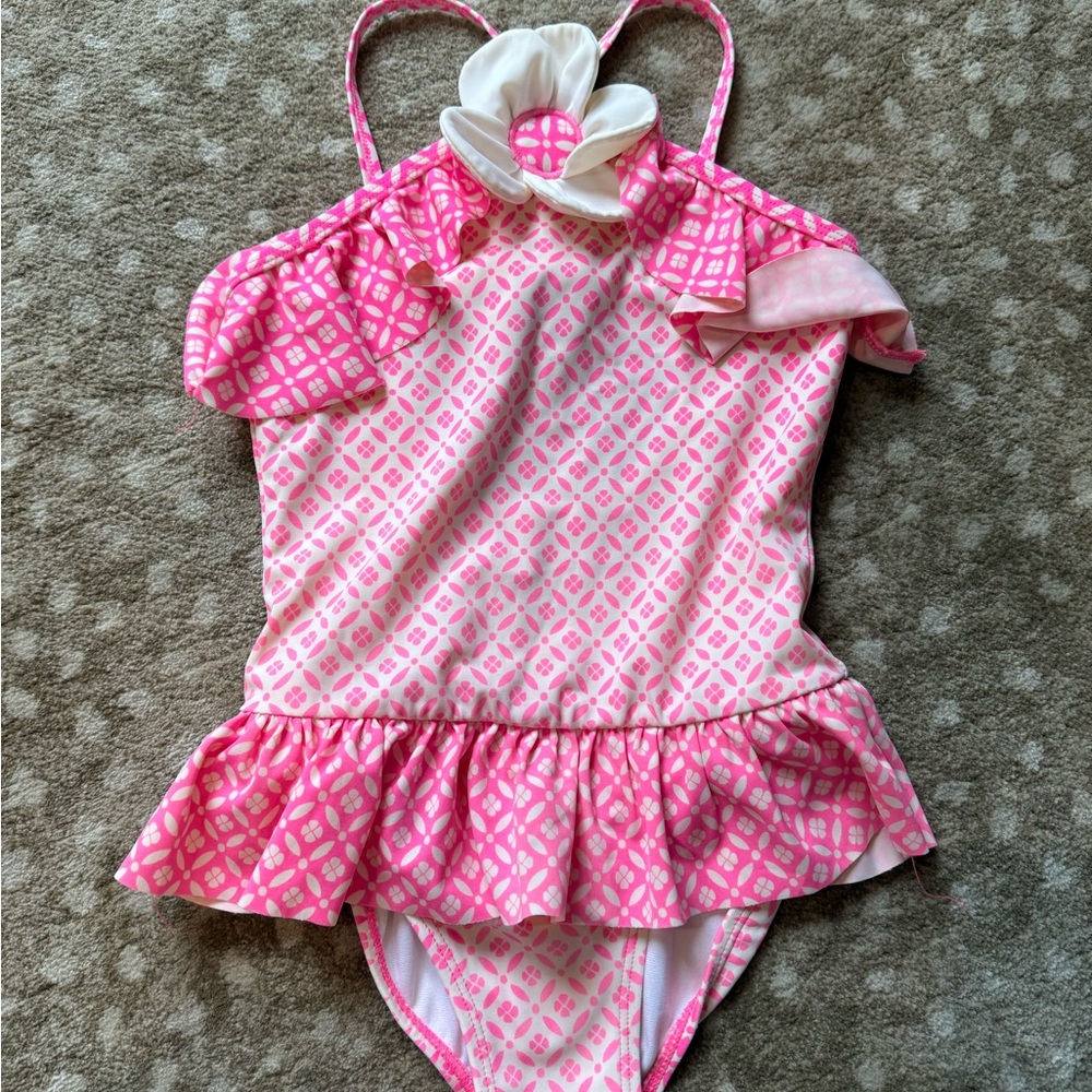 Janie and Jack Pink Patterned Ruffle Swimsuit